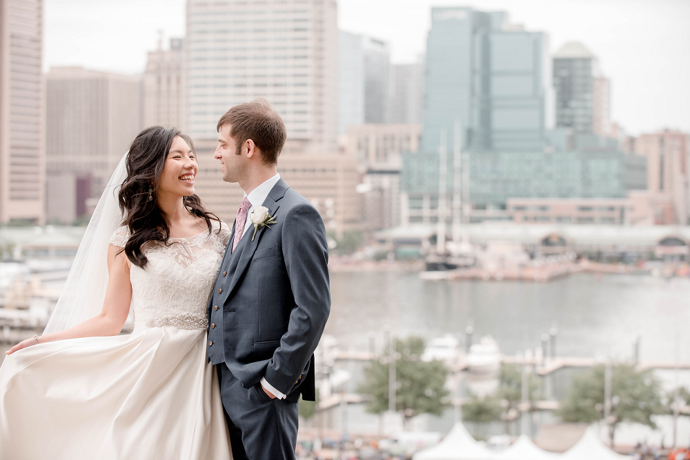 Classic Wedding Baltimore Inner Harbor Bride and Groom on Water